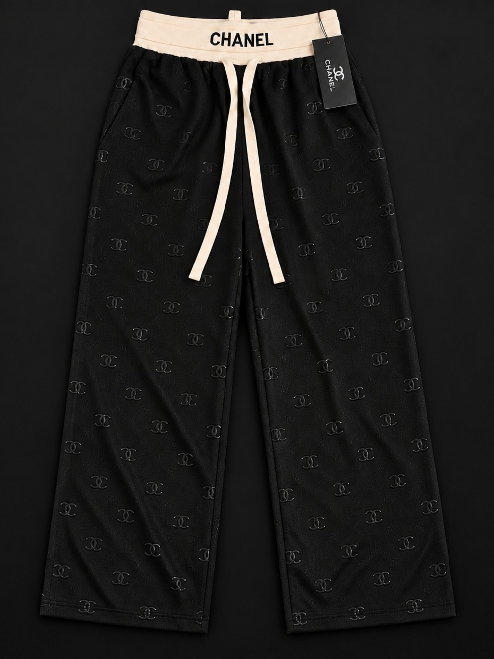 Chanel Women Black Logo Wide-Leg Lounge Pants with Cream Waistband